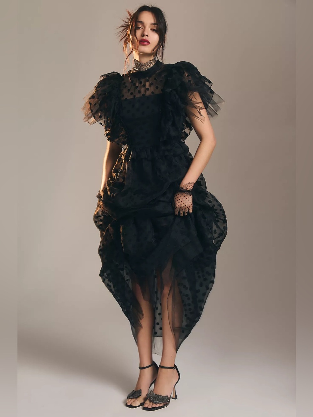 Hunter Bell Annabel Tiered Mock Neck Ruffle Sleeve Silk Dress Sz 4